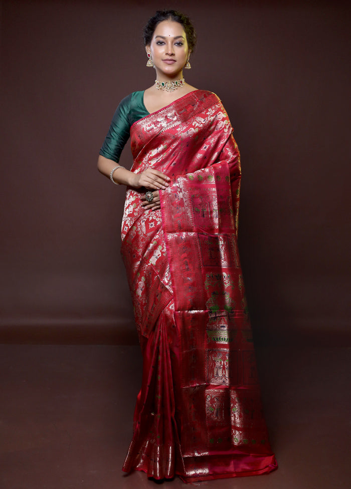 Red Handloom Baluchari Pure Silk Saree With Blouse Piece