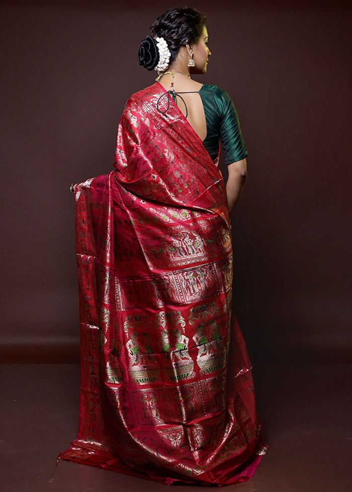 Red Handloom Baluchari Pure Silk Saree With Blouse Piece