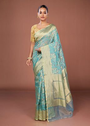 Blue Net Saree With Blouse Piece