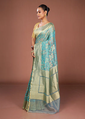 Blue Net Saree With Blouse Piece