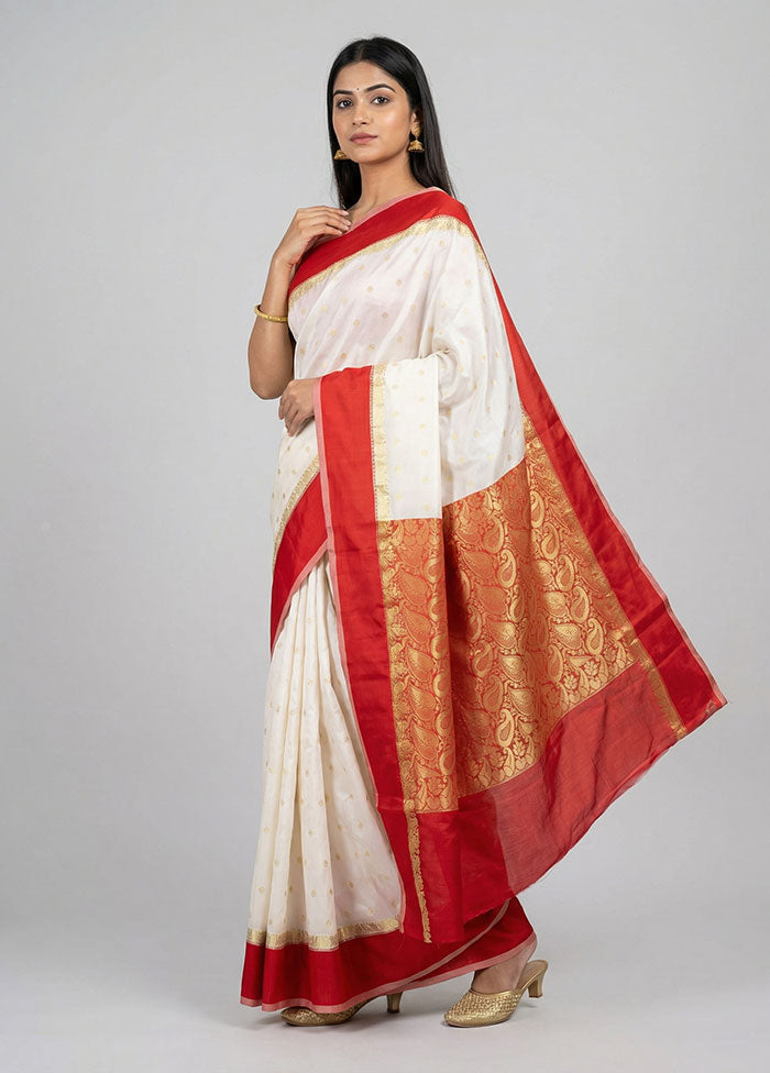 White Dupion Silk Saree With Blouse Piece