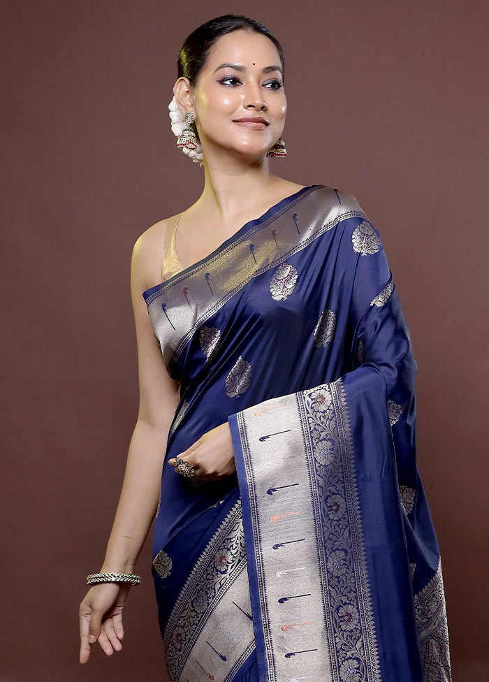 Blue Katan Silk Saree With Blouse Piece