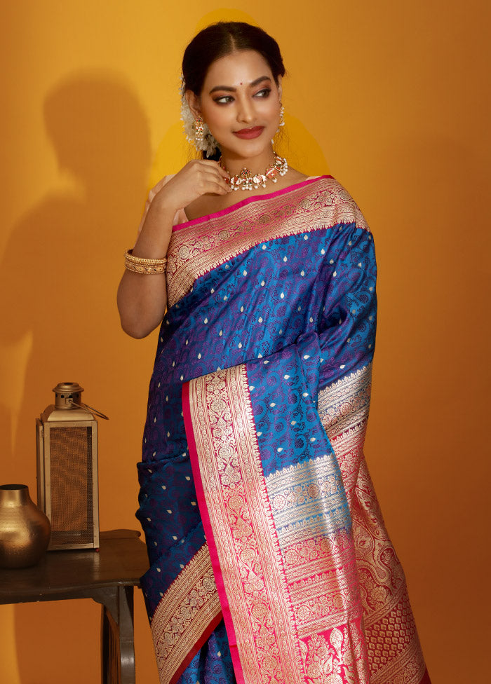 Blue Tanchoi Banarasi Pure Silk Saree With Blouse Piece - Indian Silk House Agencies