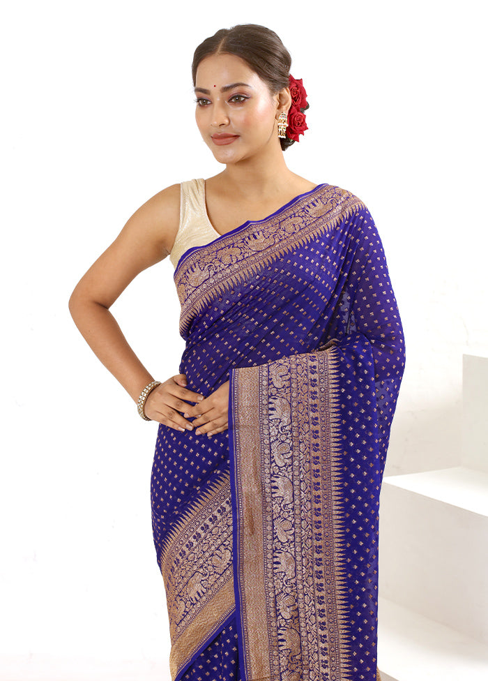 Blue Pure Georgette Saree With Blouse Piece - Indian Silk House Agencies