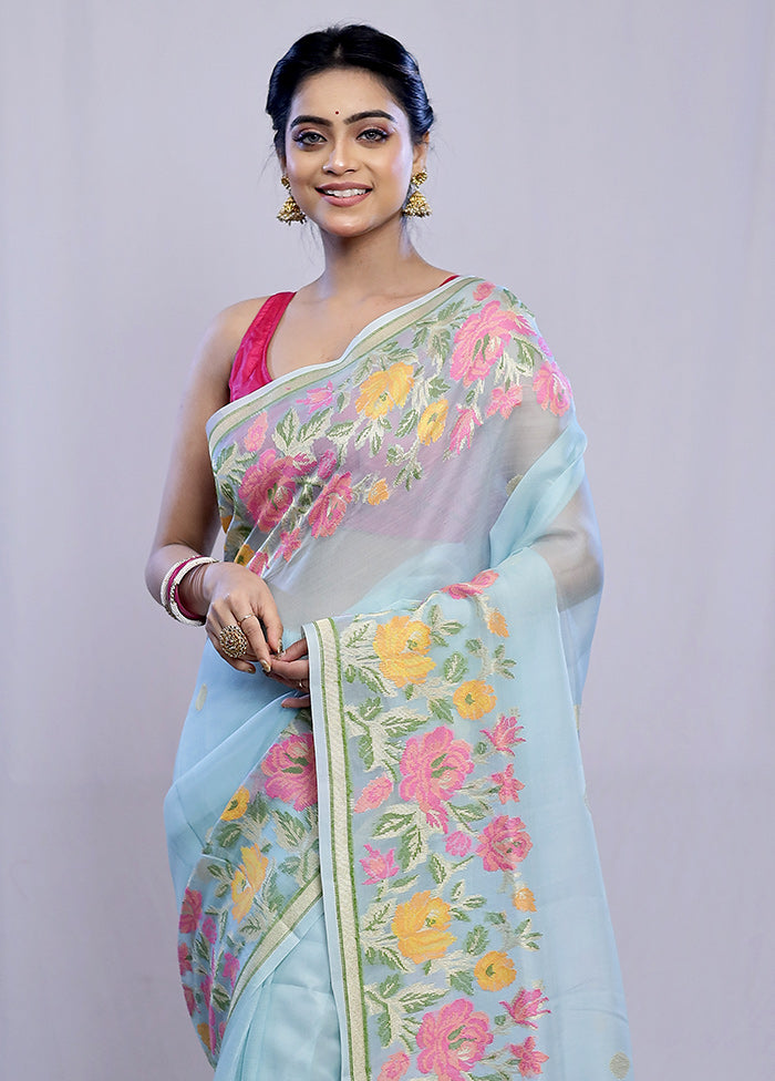 Blue Kora Pure Silk Saree With Blouse Piece - Indian Silk House Agencies