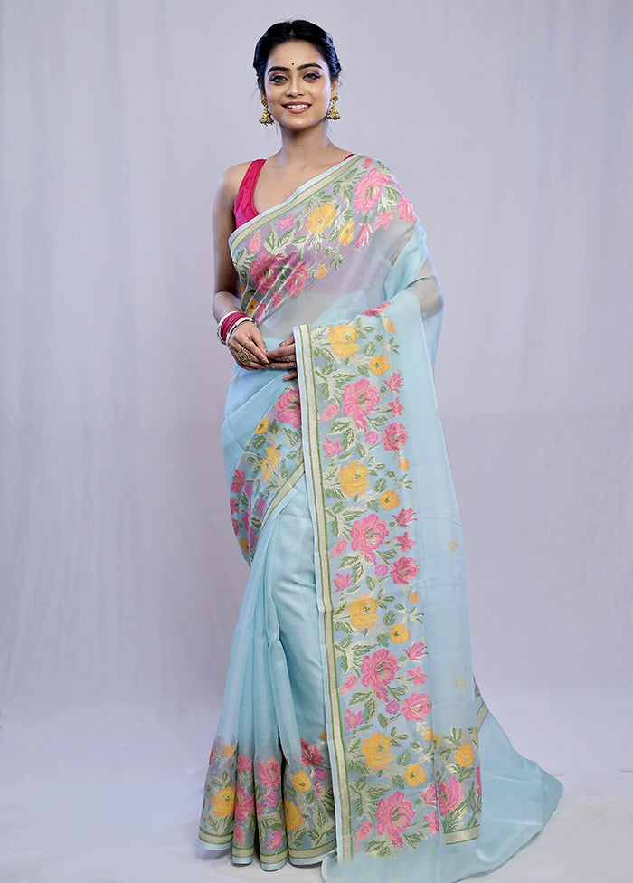 Blue Kora Pure Silk Saree With Blouse Piece - Indian Silk House Agencies