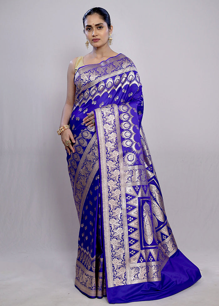 Blue Banarasi Silk Saree With Blouse Piece - Indian Silk House Agencies