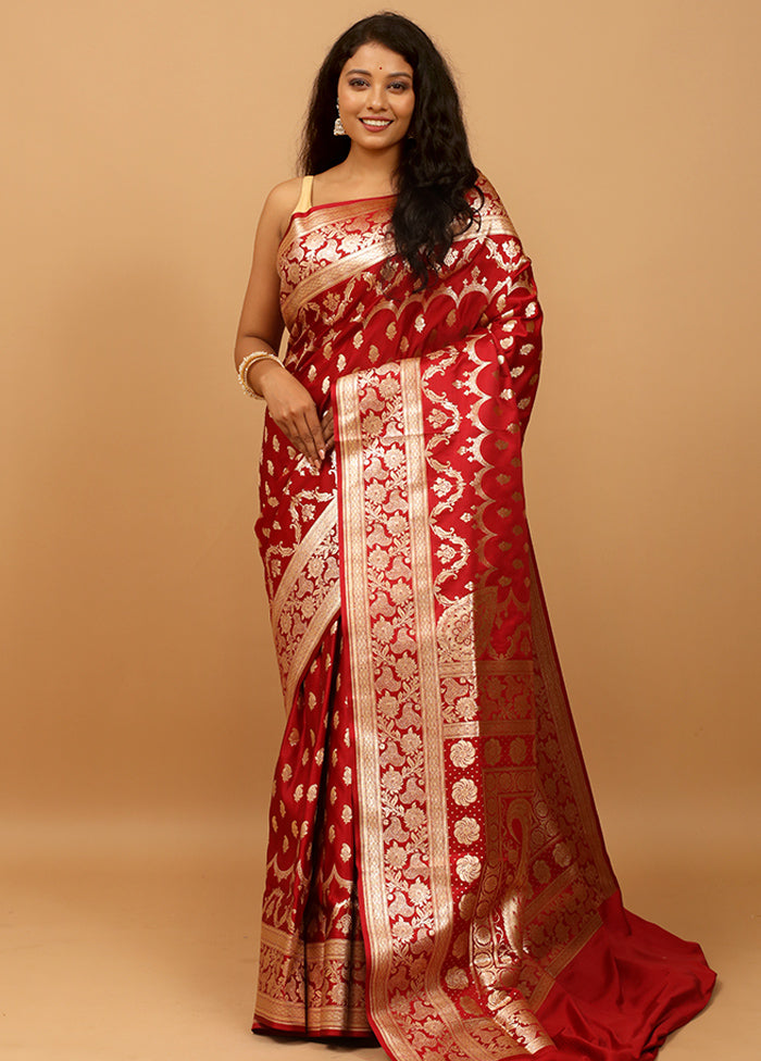 Maroon Banarasi Silk Saree With Blouse Piece