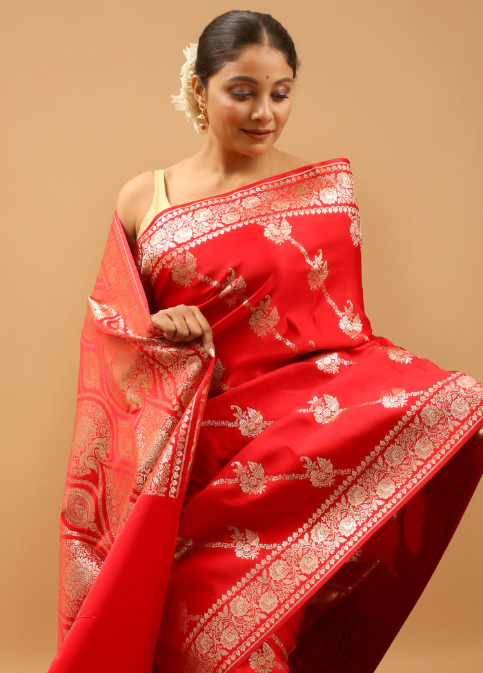 Red Banarasi Silk Saree With Blouse Piece