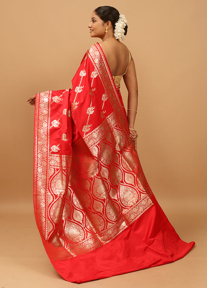 Red Banarasi Silk Saree With Blouse Piece