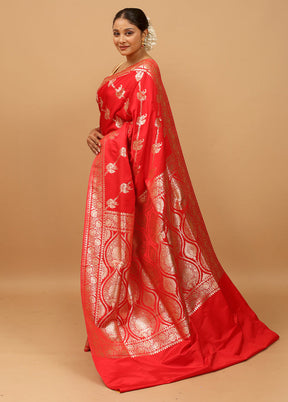 Red Banarasi Silk Saree With Blouse Piece