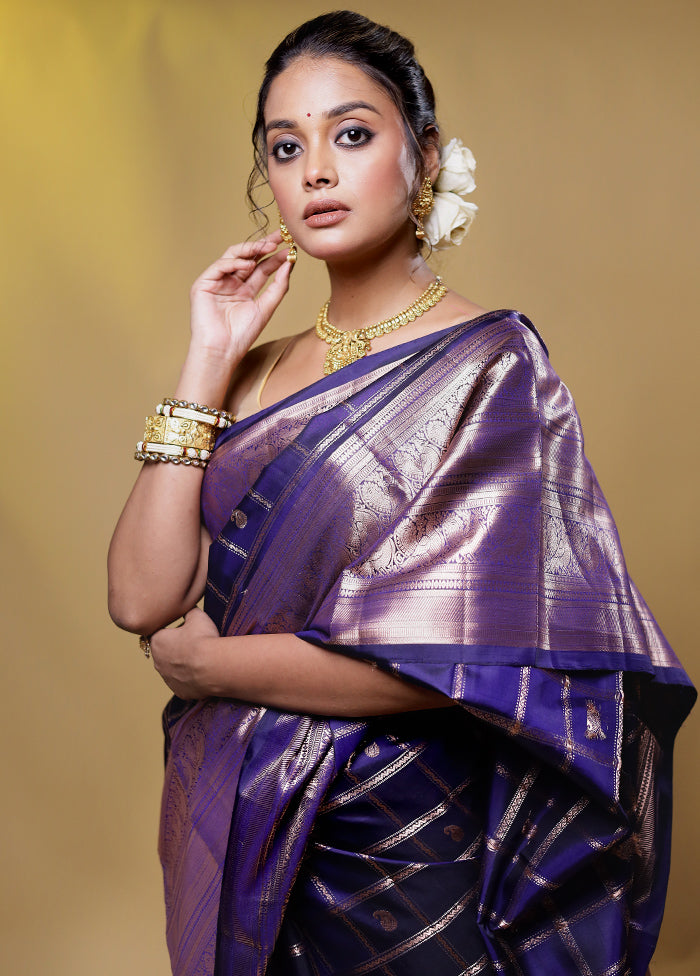 Blue Handloom Kanchipuram Pure Silk Saree With Blouse Piece