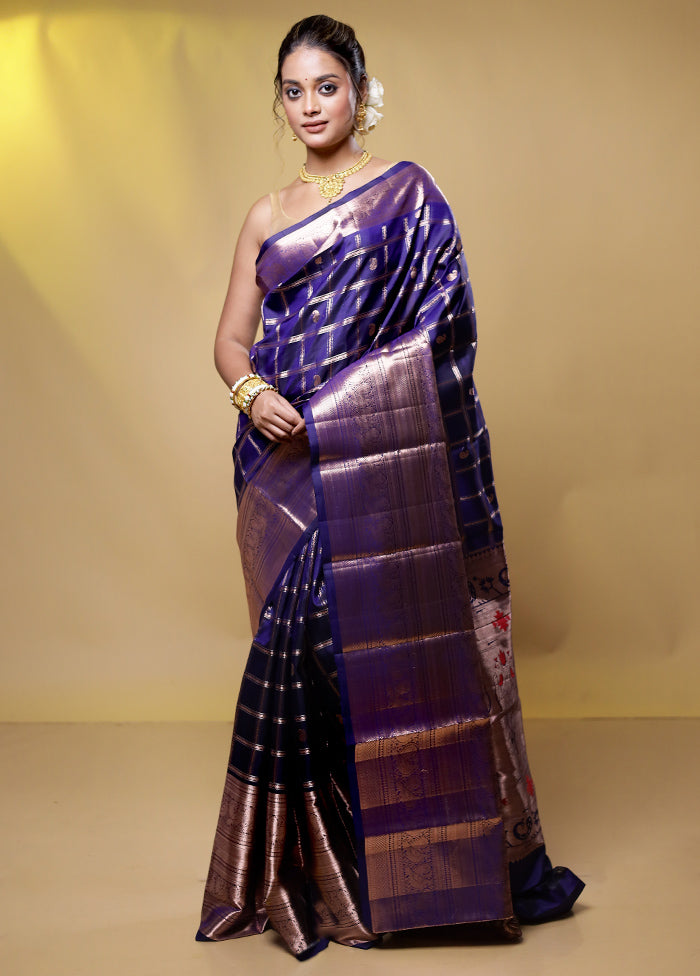 Blue Handloom Kanchipuram Pure Silk Saree With Blouse Piece