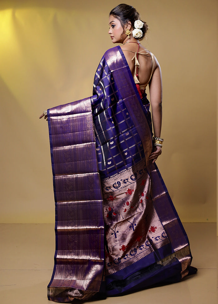 Voilet Handloom Kanchipuram Pure Silk Saree With Blouse Piece