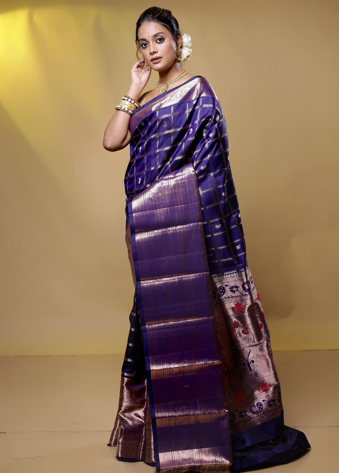 Voilet Handloom Kanchipuram Pure Silk Saree With Blouse Piece