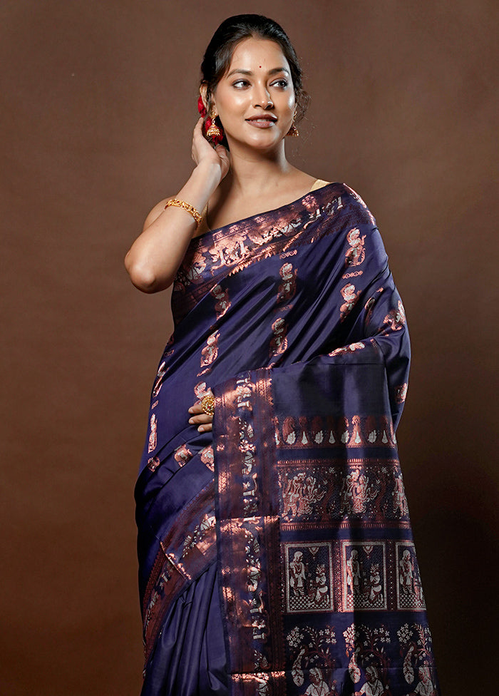 Blue Handloom Baluchari Pure Silk Saree With Blouse Piece