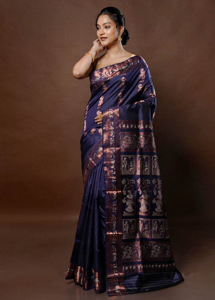 Blue Handloom Baluchari Pure Silk Saree With Blouse Piece