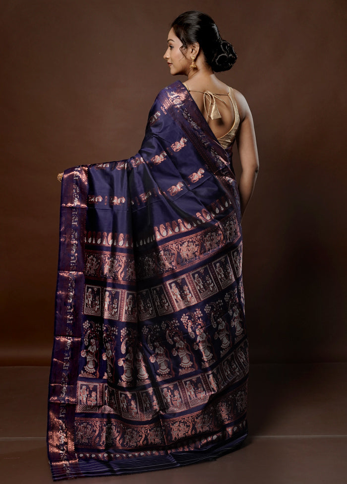 Blue Handloom Baluchari Pure Silk Saree With Blouse Piece