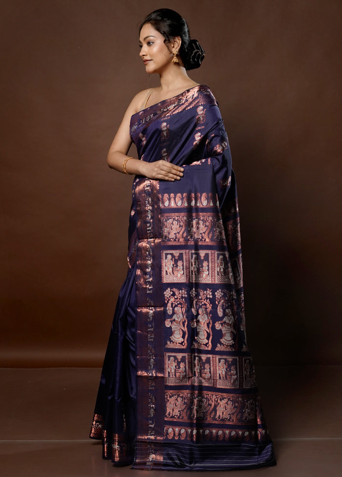 Blue Handloom Baluchari Pure Silk Saree With Blouse Piece