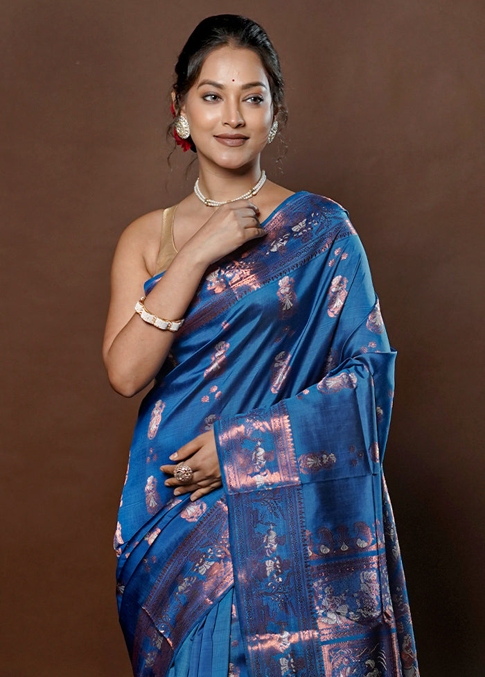 Blue Handloom Baluchari Pure Silk Saree With Blouse Piece