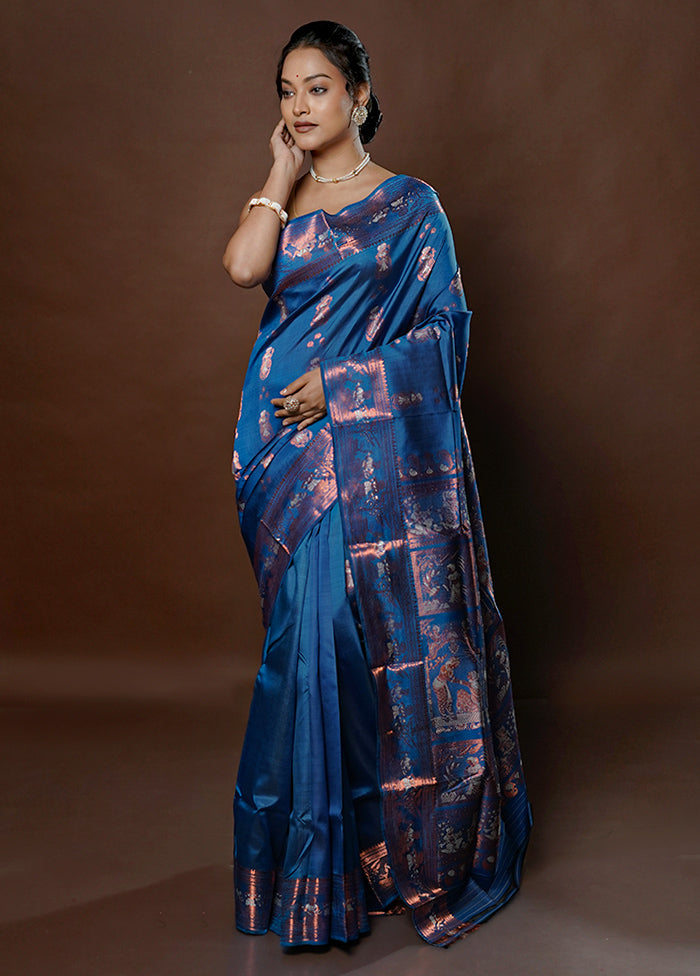 Blue Handloom Baluchari Pure Silk Saree With Blouse Piece