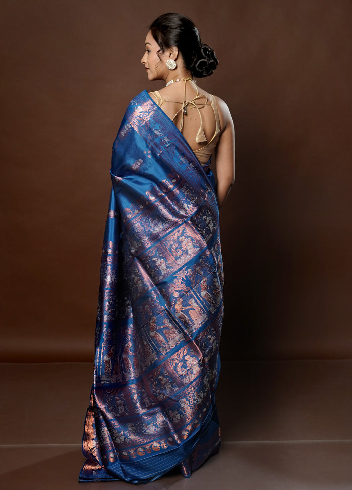 Blue Handloom Baluchari Pure Silk Saree With Blouse Piece