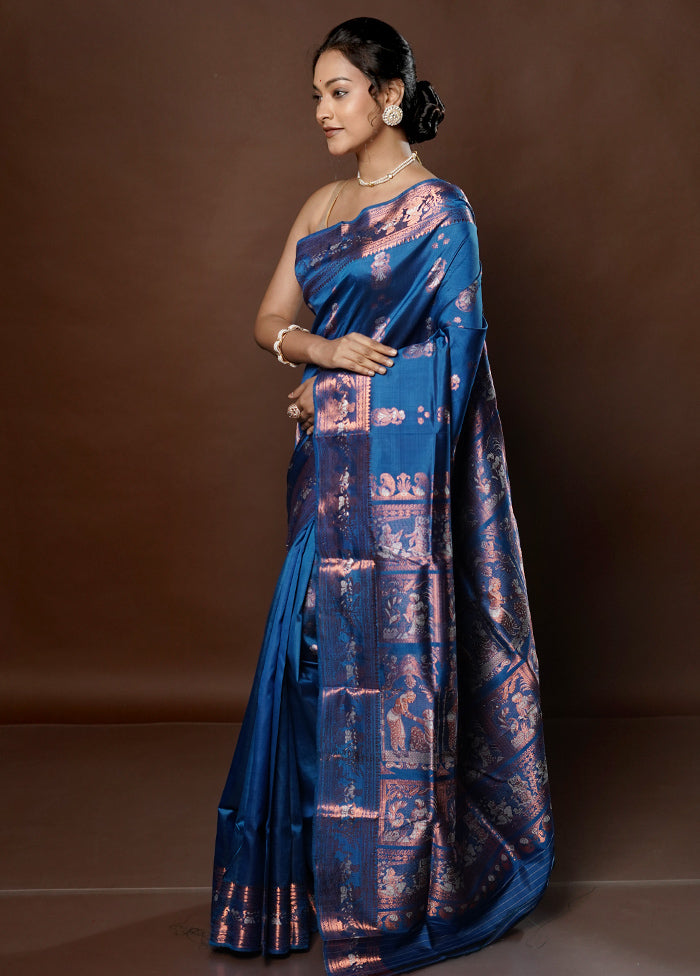 Blue Handloom Baluchari Pure Silk Saree With Blouse Piece