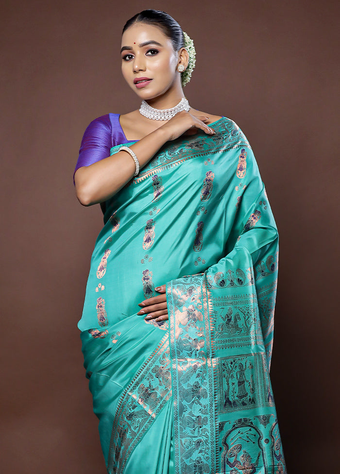 Green Handloom Baluchari Pure Silk Saree With Blouse Piece