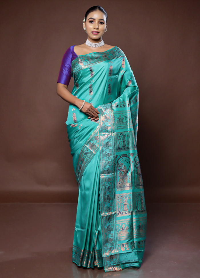 Green Handloom Baluchari Pure Silk Saree With Blouse Piece