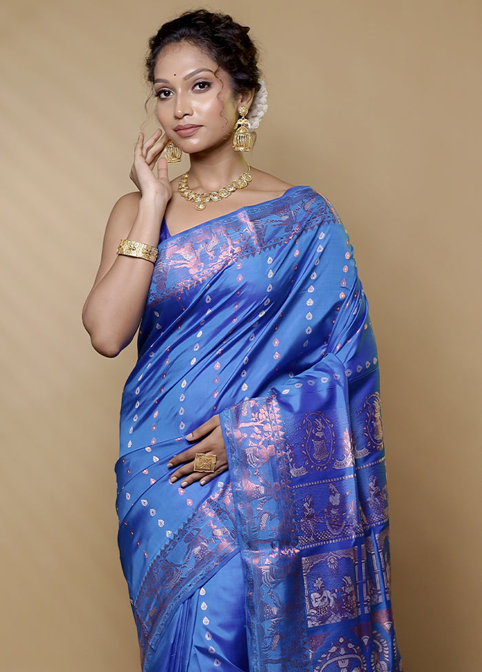 Blue Handloom Baluchari Pure Silk Saree With Blouse Piece