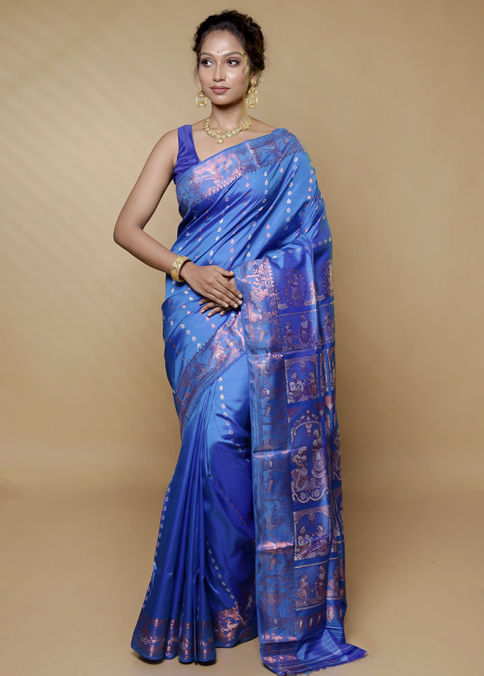 Blue Handloom Baluchari Pure Silk Saree With Blouse Piece