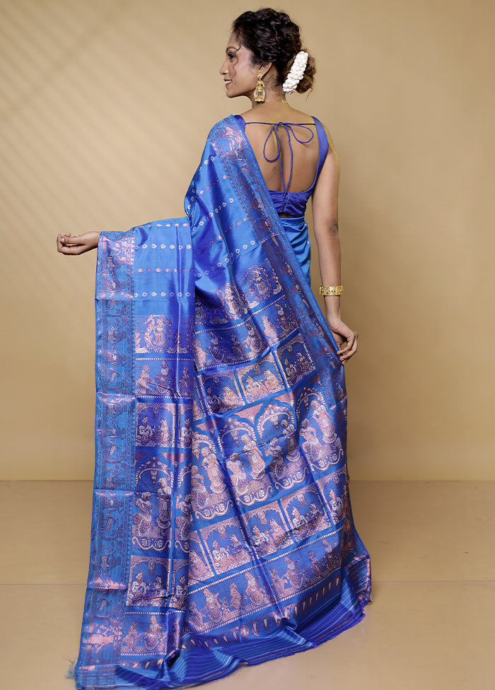 Blue Handloom Baluchari Pure Silk Saree With Blouse Piece