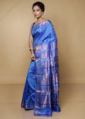 Blue Handloom Baluchari Pure Silk Saree With Blouse Piece