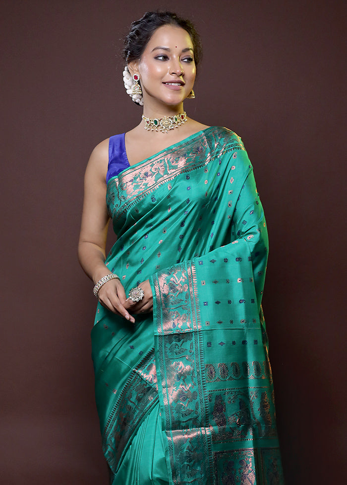 Green Handloom Baluchari Pure Silk Saree With Blouse Piece