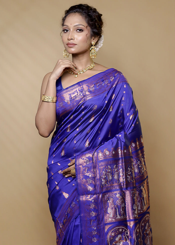 Blue Handloom Baluchari Pure Silk Saree With Blouse Piece