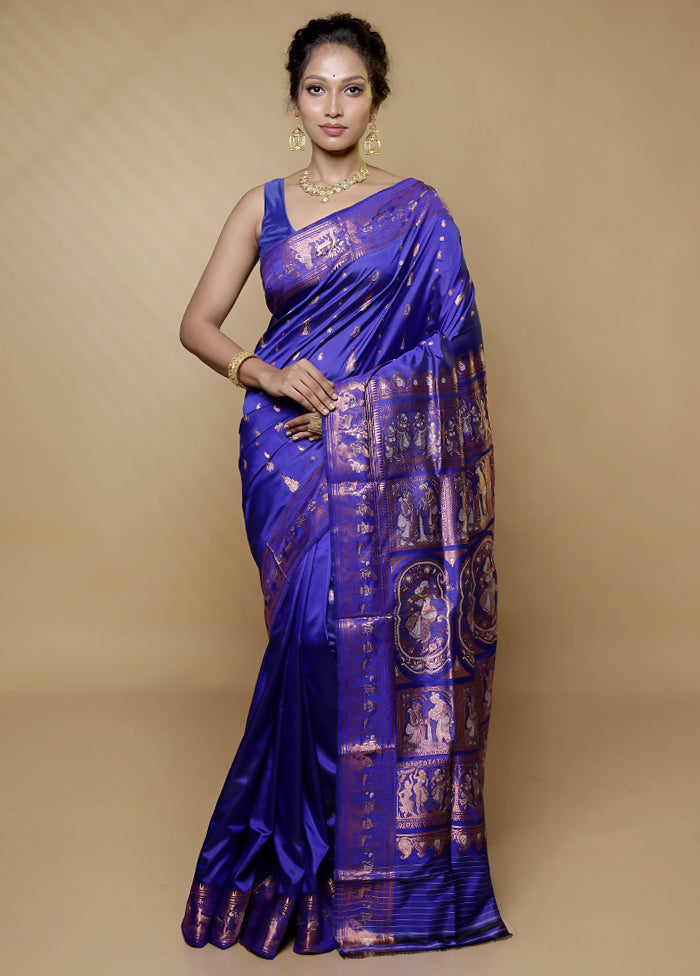 Blue Handloom Baluchari Pure Silk Saree With Blouse Piece