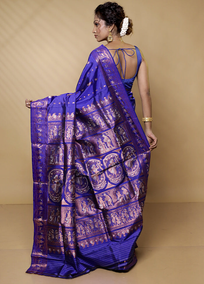 Blue Handloom Baluchari Pure Silk Saree With Blouse Piece