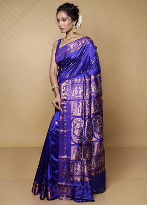 Blue Handloom Baluchari Pure Silk Saree With Blouse Piece