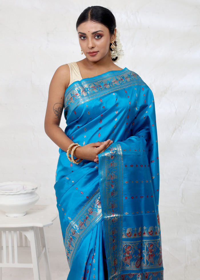 Blue Baluchari Pure Silk Saree With Blouse Piece - Indian Silk House Agencies