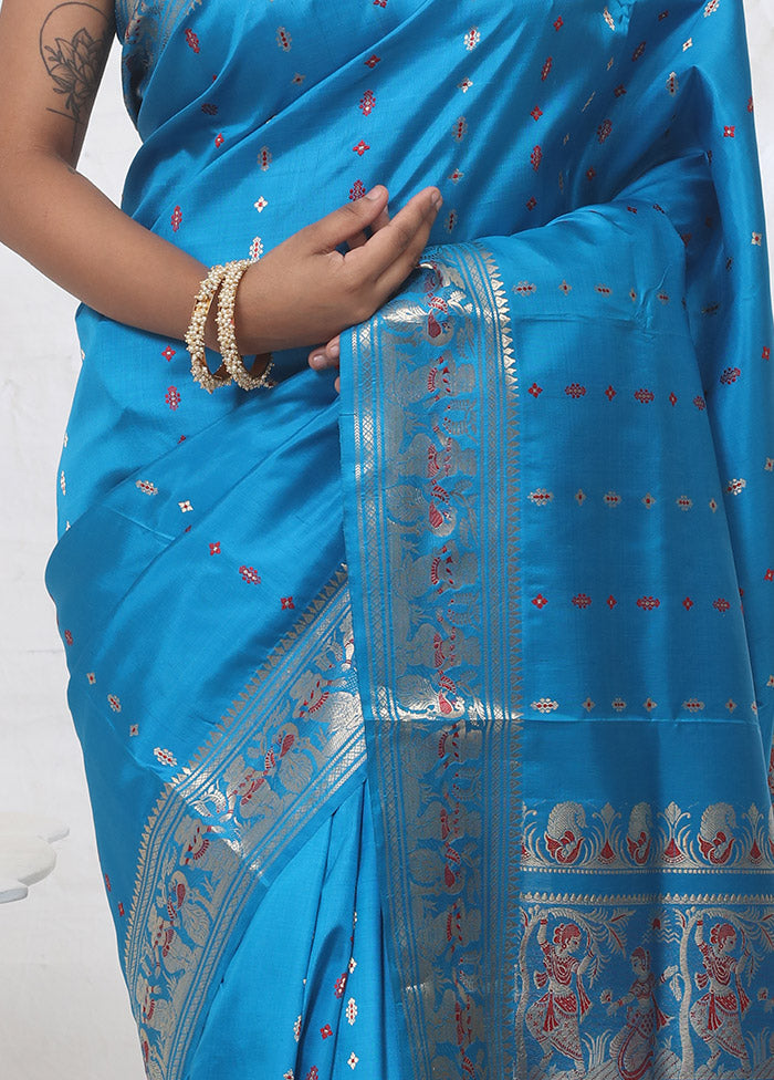 Blue Baluchari Pure Silk Saree With Blouse Piece - Indian Silk House Agencies