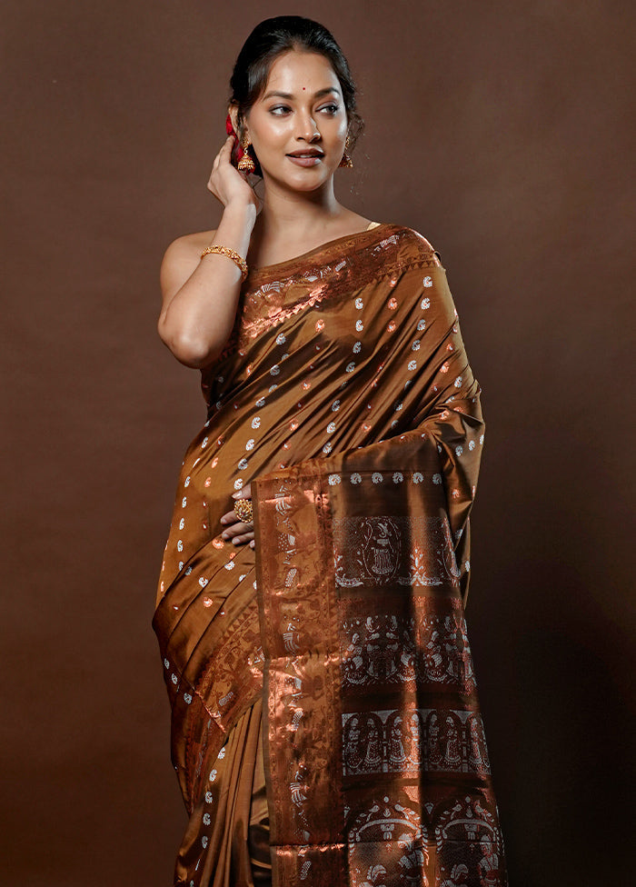 Brown Handloom Baluchari Pure Silk Saree With Blouse Piece