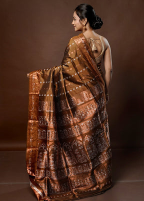 Brown Handloom Baluchari Pure Silk Saree With Blouse Piece