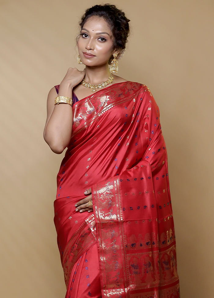 Red Handloom Baluchari Pure Silk Saree With Blouse Piece