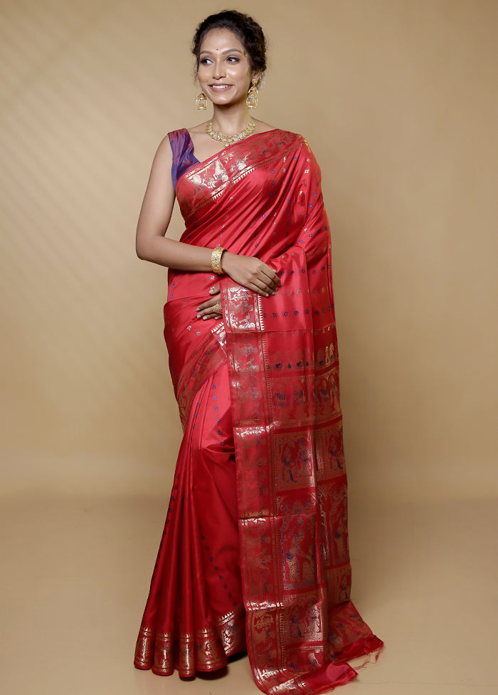 Red Handloom Baluchari Pure Silk Saree With Blouse Piece