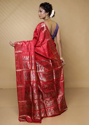 Red Handloom Baluchari Pure Silk Saree With Blouse Piece