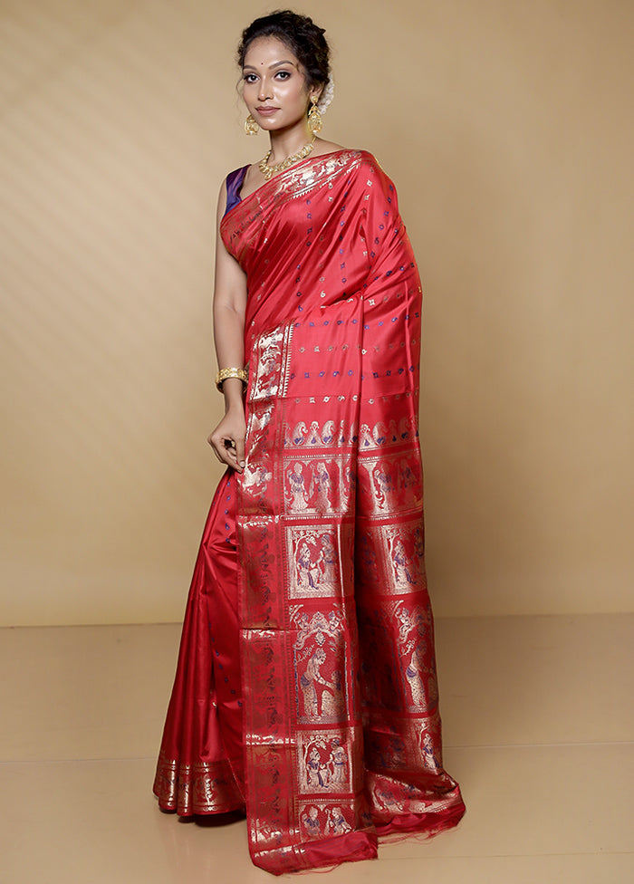 Red Handloom Baluchari Pure Silk Saree With Blouse Piece