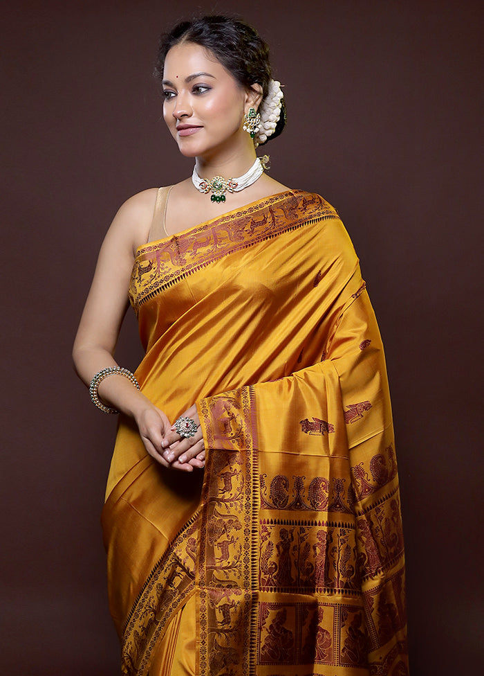 Yellow Handloom Baluchari Pure Silk Saree With Blouse Piece