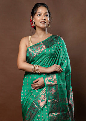 Green Handloom Baluchari Pure Silk Saree With Blouse Piece