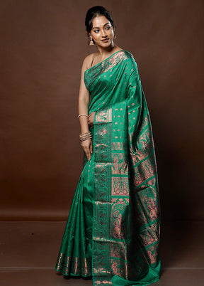 Green Handloom Baluchari Pure Silk Saree With Blouse Piece