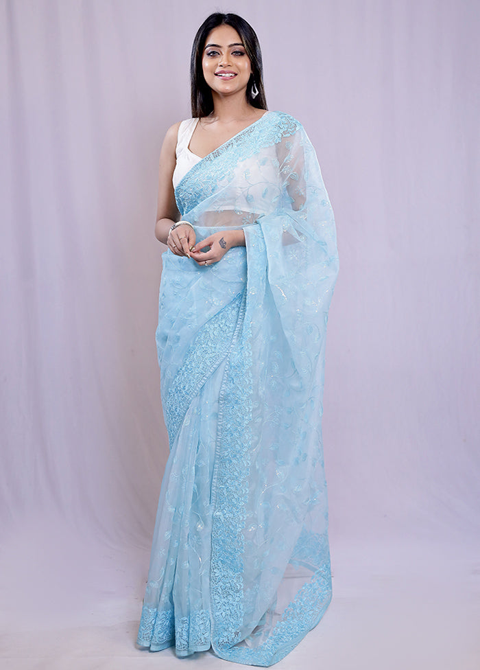 Blue Organza Saree With Blouse Piece - Indian Silk House Agencies